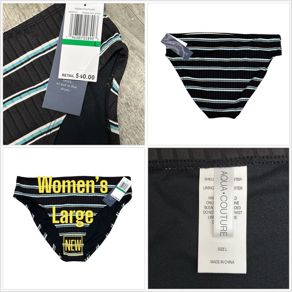 Aqua Couture Large Swim Bikini Bottom Hipster Stripe Black Blue Swimwear NWT